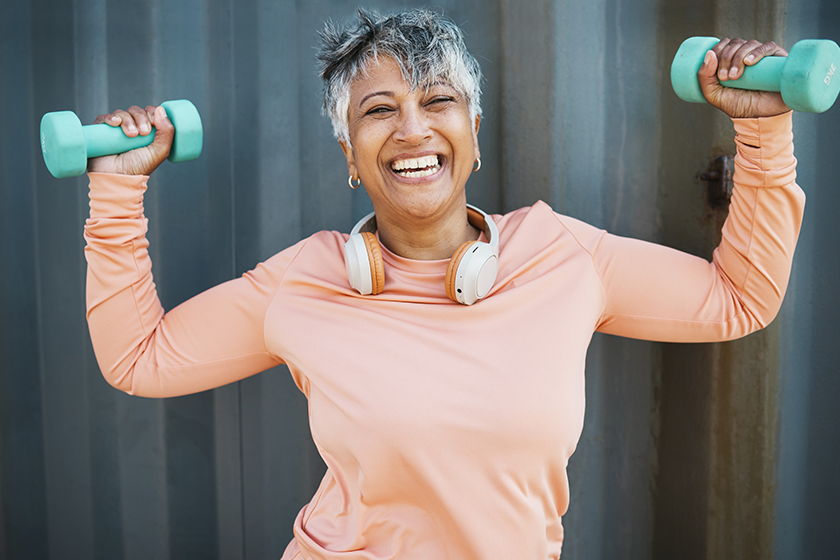 Fitness, health and portrait with old woman and dumbbell for strong, workout and sports, Weightlifting, muscle and training with senior person and weights for gym workout, exercise or wellness mockup. 